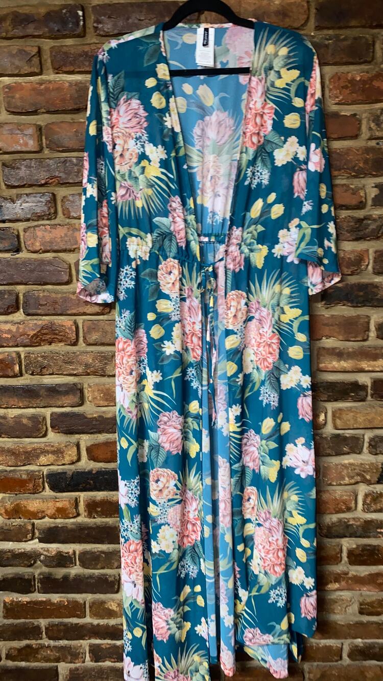 NWOT Jantzen Teal Blue Isn't It Romantic Floral Kimono Swim Cover-Up Women Small
